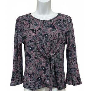 NY Collection Blouse Women Petite M Black Red Metallic Paisley Boho Retro Glam